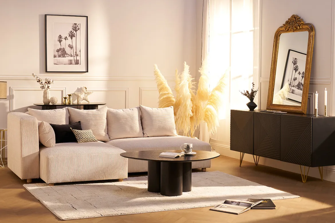 Buffet design gravé noir et métal doré 3 portes L160 cm OZEN