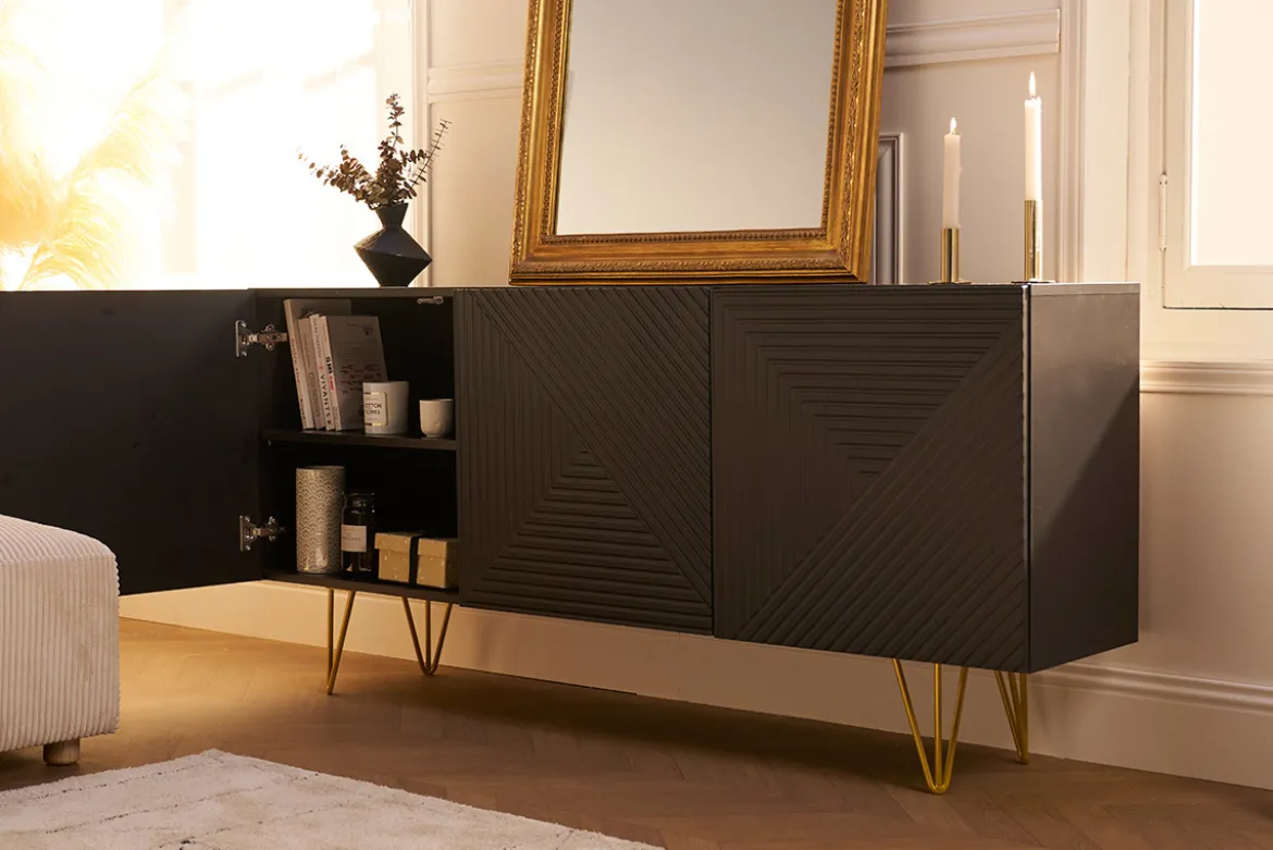 Buffet design gravé noir et métal doré 3 portes L160 cm OZEN