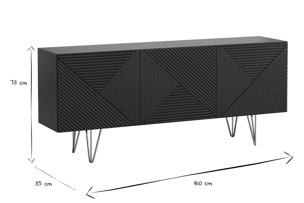 Buffet design gravé noir et métal doré 3 portes L160 cm OZEN