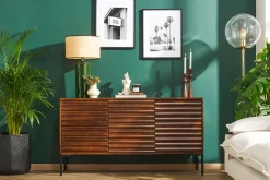 Buffet en bois foncé manguier massif et métal noir 3 portes L140 cm ONDA