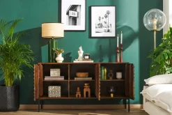 Buffet en bois foncé manguier massif et métal noir 3 portes L140 cm ONDA