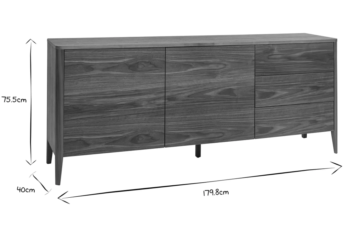 Buffet en bois foncé noyer 2 portes 3 tiroirs 180 cm BENJA