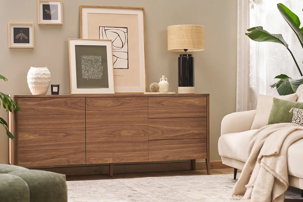 Buffet en bois foncé noyer 2 portes 3 tiroirs 180 cm BENJA