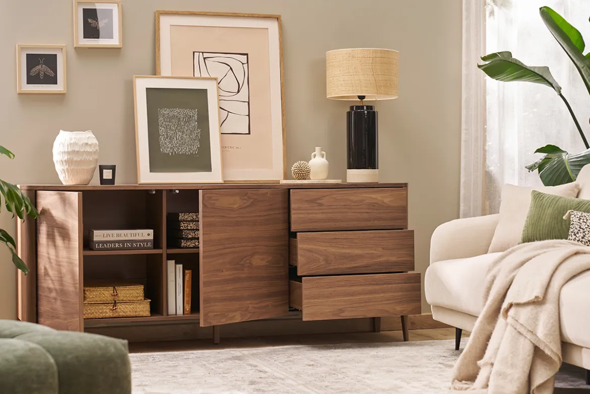 Buffet en bois foncé noyer 2 portes 3 tiroirs 180 cm BENJA