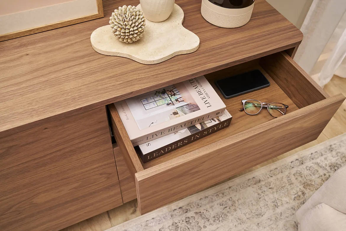 Buffet en bois foncé noyer 2 portes 3 tiroirs 180 cm BENJA
