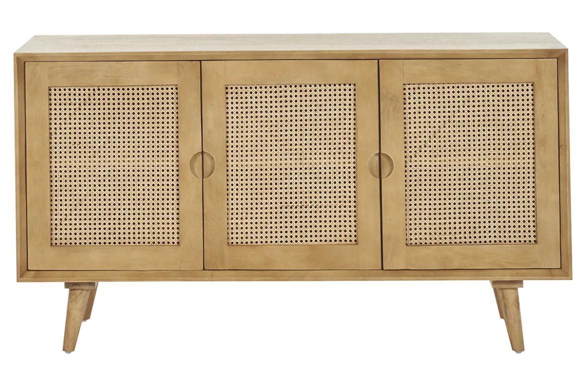 Buffet en bois manguier et cannage rotin 3 portes L145 cm LAKA