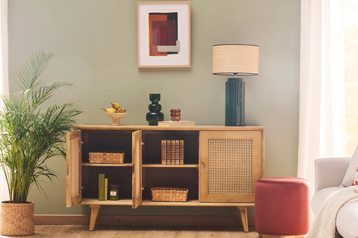 Buffet en bois manguier et cannage rotin 3 portes L145 cm LAKA