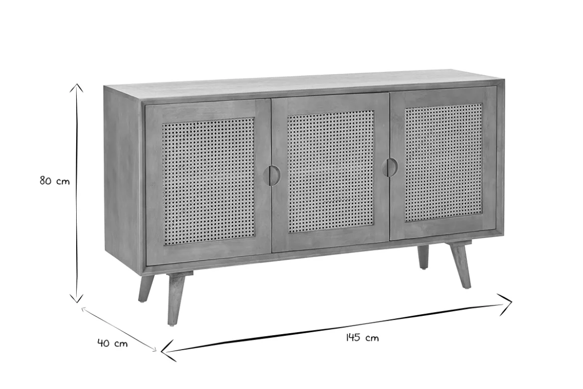 Buffet en bois manguier et cannage rotin 3 portes L145 cm LAKA