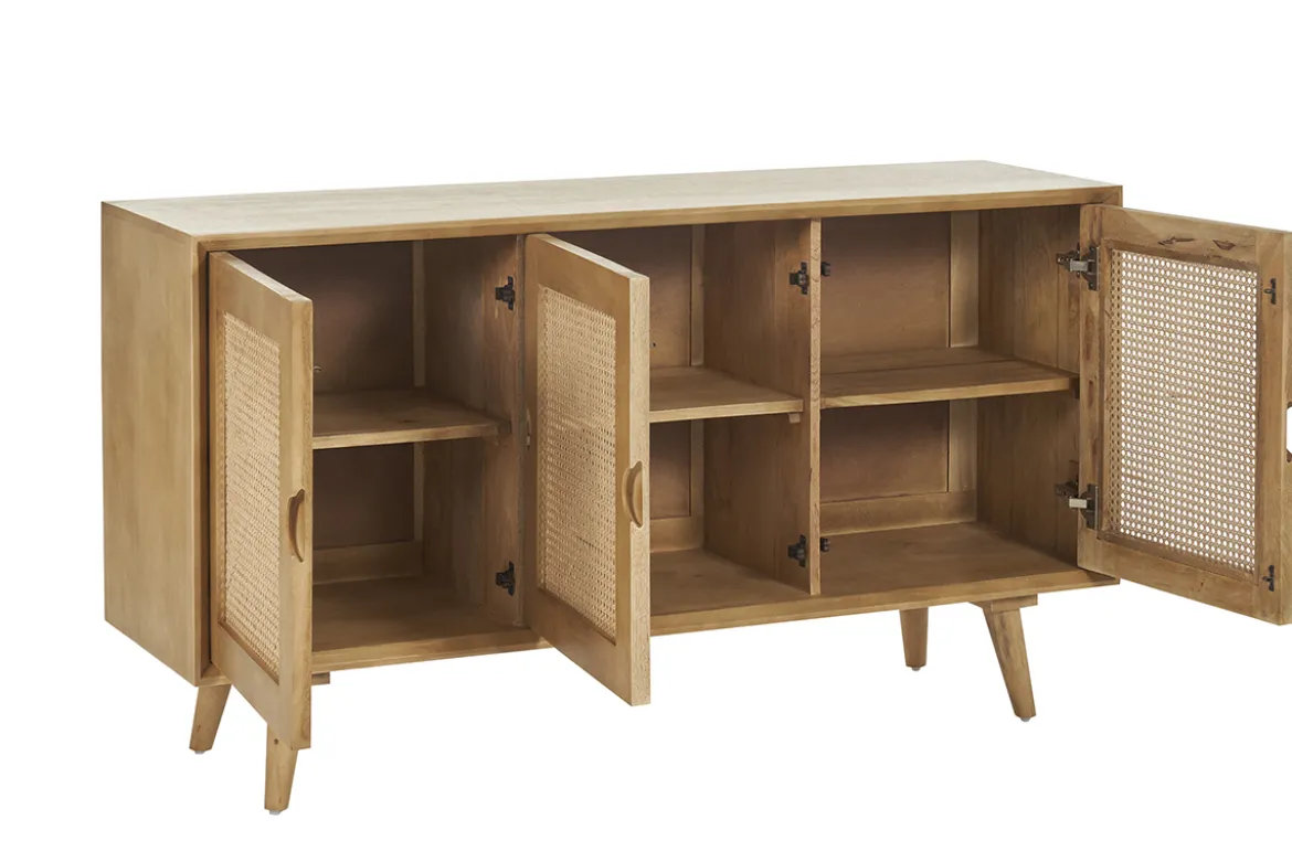Buffet en bois manguier et cannage rotin 3 portes L145 cm LAKA