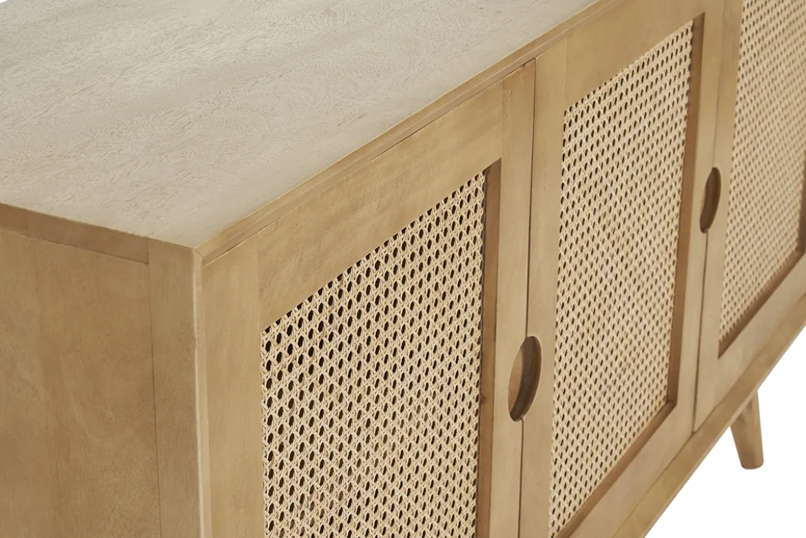 Buffet en bois manguier et cannage rotin 3 portes L145 cm LAKA