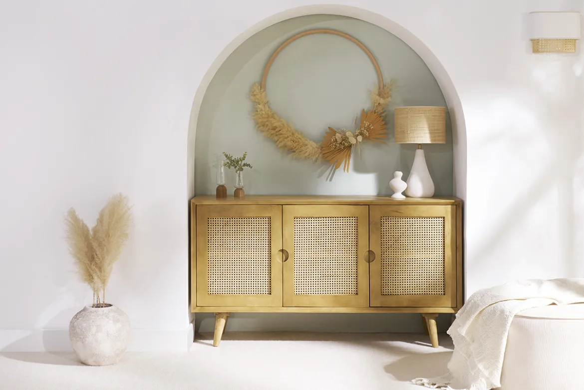 Buffet en bois manguier et cannage rotin 3 portes L145 cm LAKA