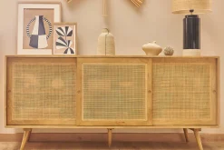 Buffet en bois manguier massif et cannage rotin 3 portes coulissantes L180 cm ACANGE