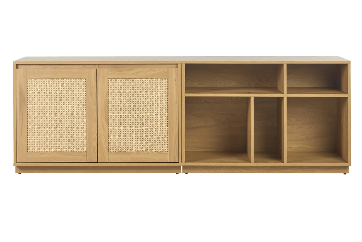Buffet finition bois clair chêne et cannage rotin 2 portes L192 cm SEVILLE