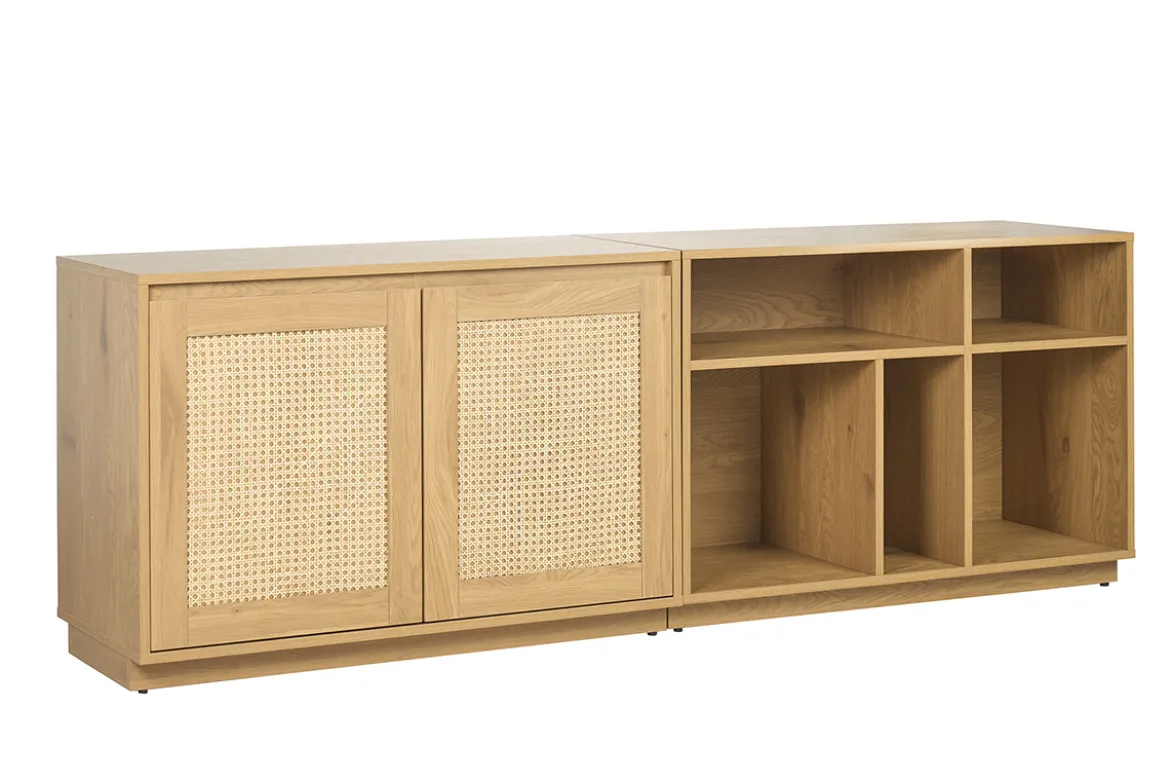 Buffet finition bois clair chêne et cannage rotin 2 portes L192 cm SEVILLE