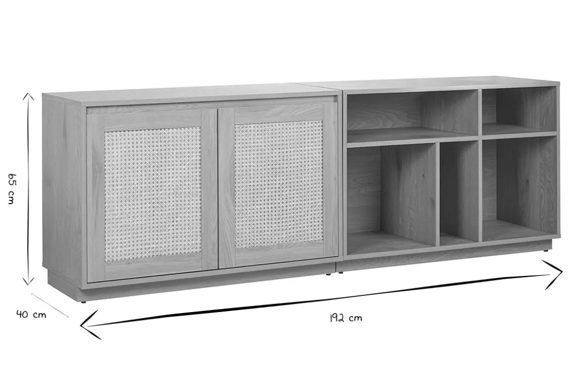 Buffet finition bois clair chêne et cannage rotin 2 portes L192 cm SEVILLE