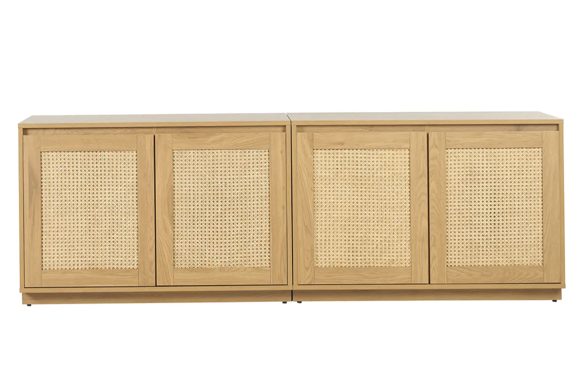 Buffet finition bois clair chêne et cannage rotin 4 portes L192 cm SEVILLE