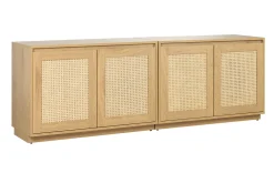 Buffet finition bois clair chêne et cannage rotin 4 portes L192 cm SEVILLE