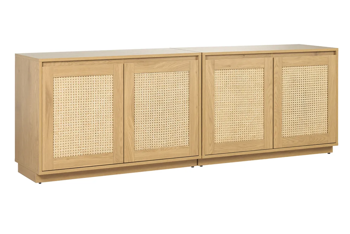 Buffet finition bois clair chêne et cannage rotin 4 portes L192 cm SEVILLE