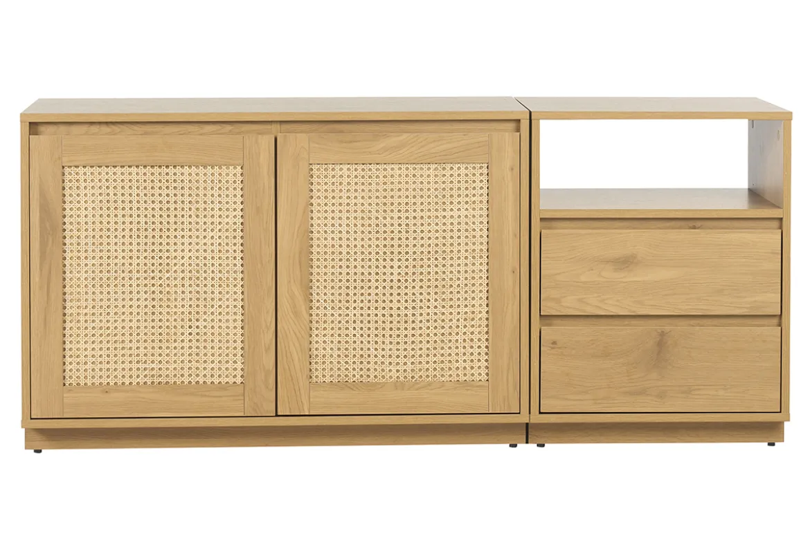 Buffet finition bois clair chêne et cannage rotin 2 portes 2 tiroirs L146 cm SEVILLE