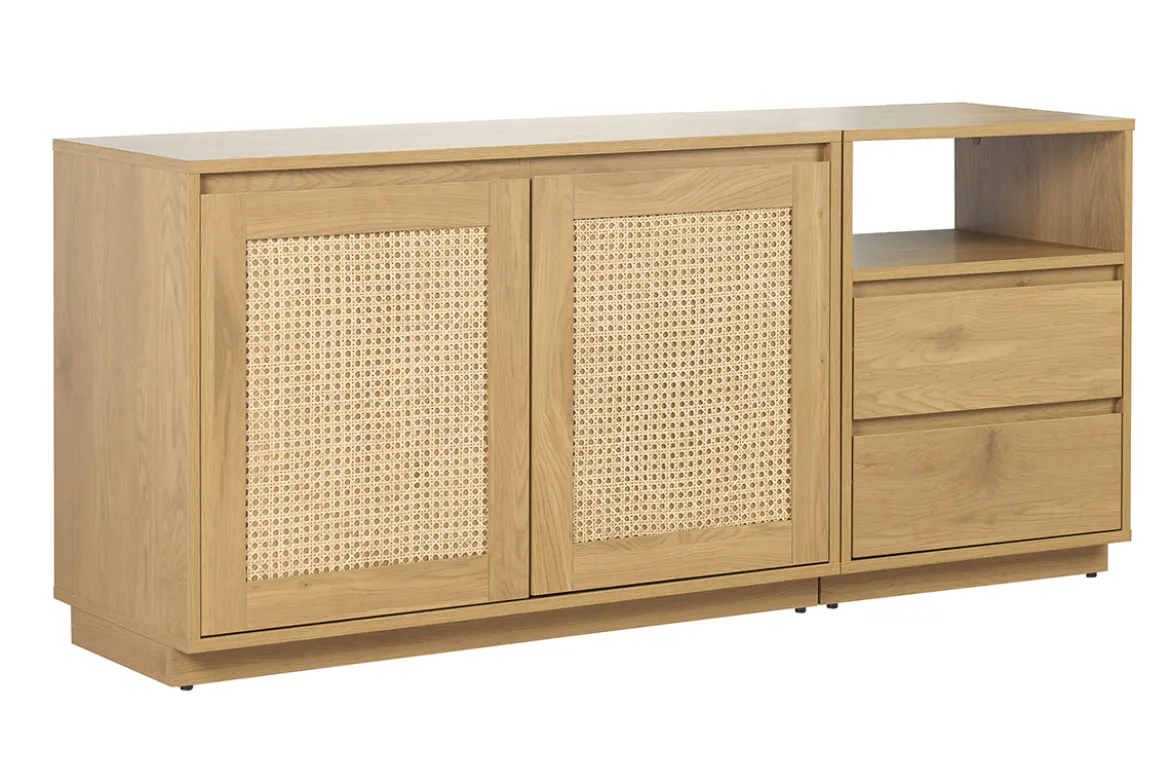 Buffet finition bois clair chêne et cannage rotin 2 portes 2 tiroirs L146 cm SEVILLE