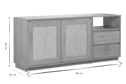 Buffet finition bois clair chêne et cannage rotin 2 portes 2 tiroirs L146 cm SEVILLE