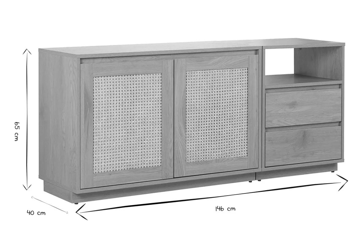 Buffet finition bois clair chêne et cannage rotin 2 portes 2 tiroirs L146 cm SEVILLE