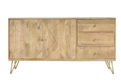 Buffet gravé en bois manguier massif et métal doré 2 portes 3 tiroirs L145 cm LINIUM