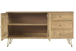 Buffet gravé en bois manguier massif et métal doré 2 portes 3 tiroirs L145 cm LINIUM