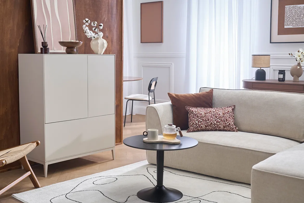 Buffet haut beige laqué mat 2 portes 1 tiroir L90 cm GRAY