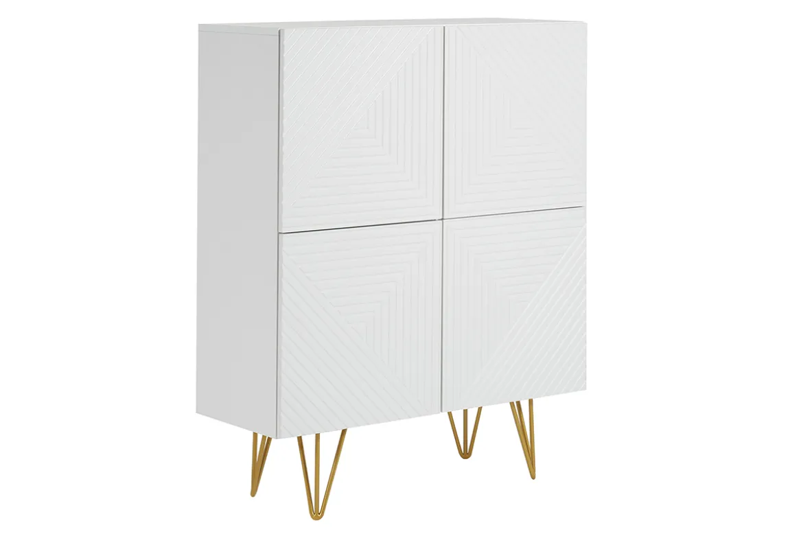 Buffet haut design gravé blanc mat et métal doré 4 portes L86 cm OZEN