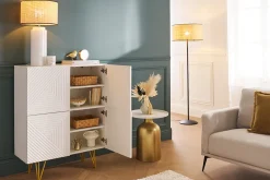 Buffet haut design gravé blanc mat et métal doré 4 portes L86 cm OZEN