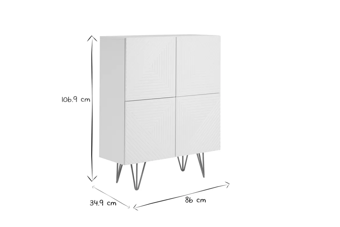 Buffet haut design gravé blanc mat et métal doré 4 portes L86 cm OZEN