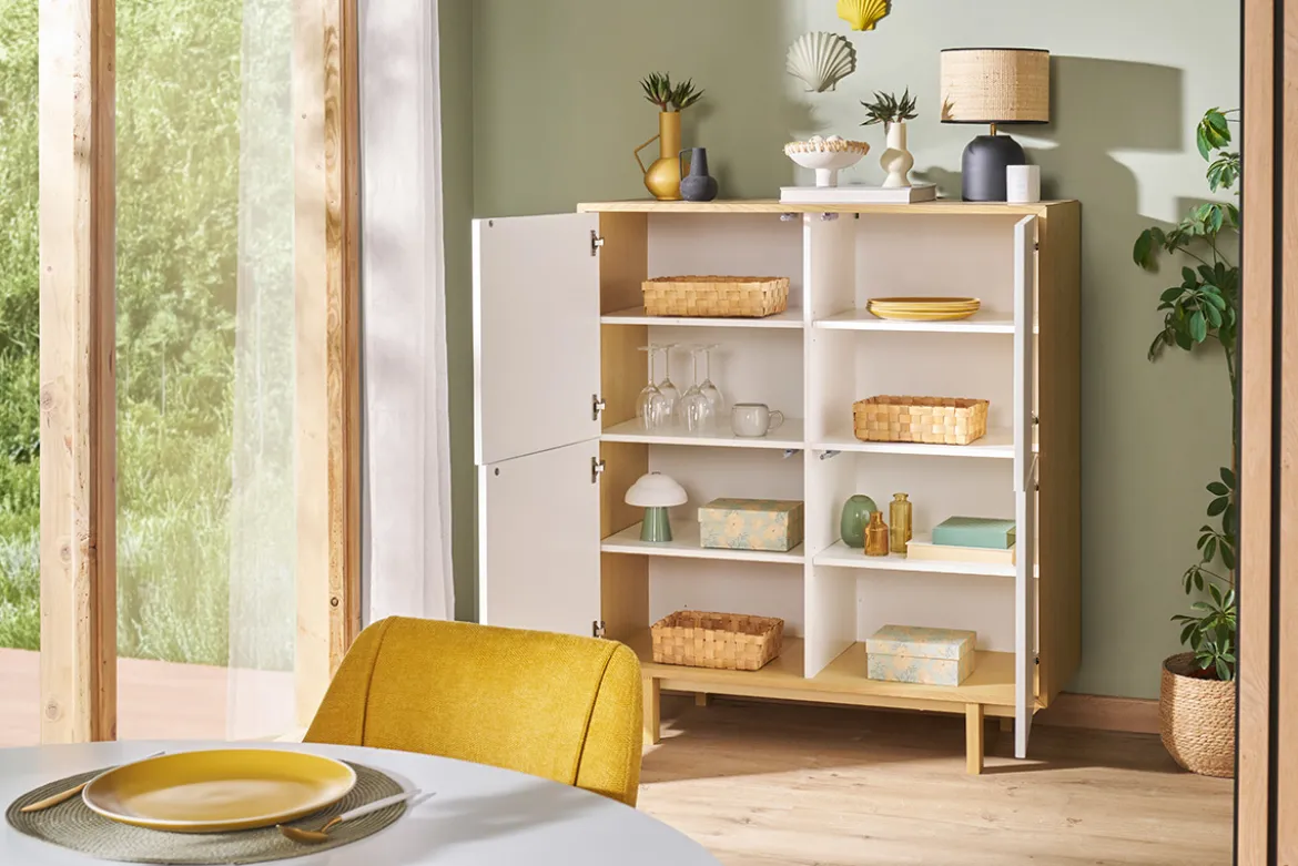 Buffet haut scandinave bois et blanc 4 portes L110 cm SID