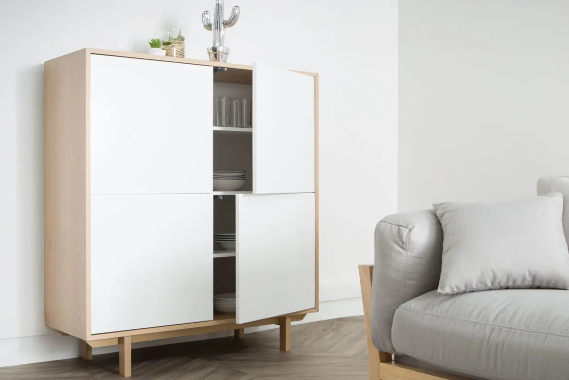Buffet haut scandinave bois et blanc 4 portes L110 cm SID