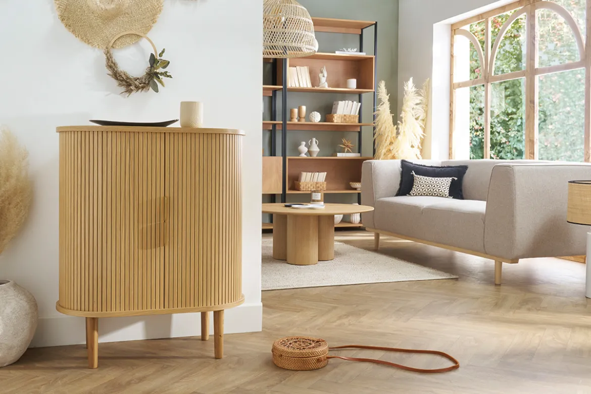 Buffet haut vintage avec portes coulissantes bois clair chêne L70 cm EPIC