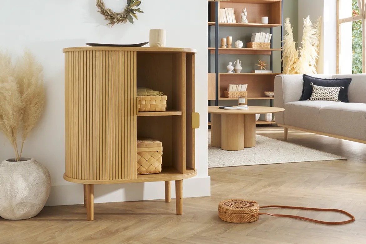 Buffet haut vintage avec portes coulissantes bois clair chêne L70 cm EPIC