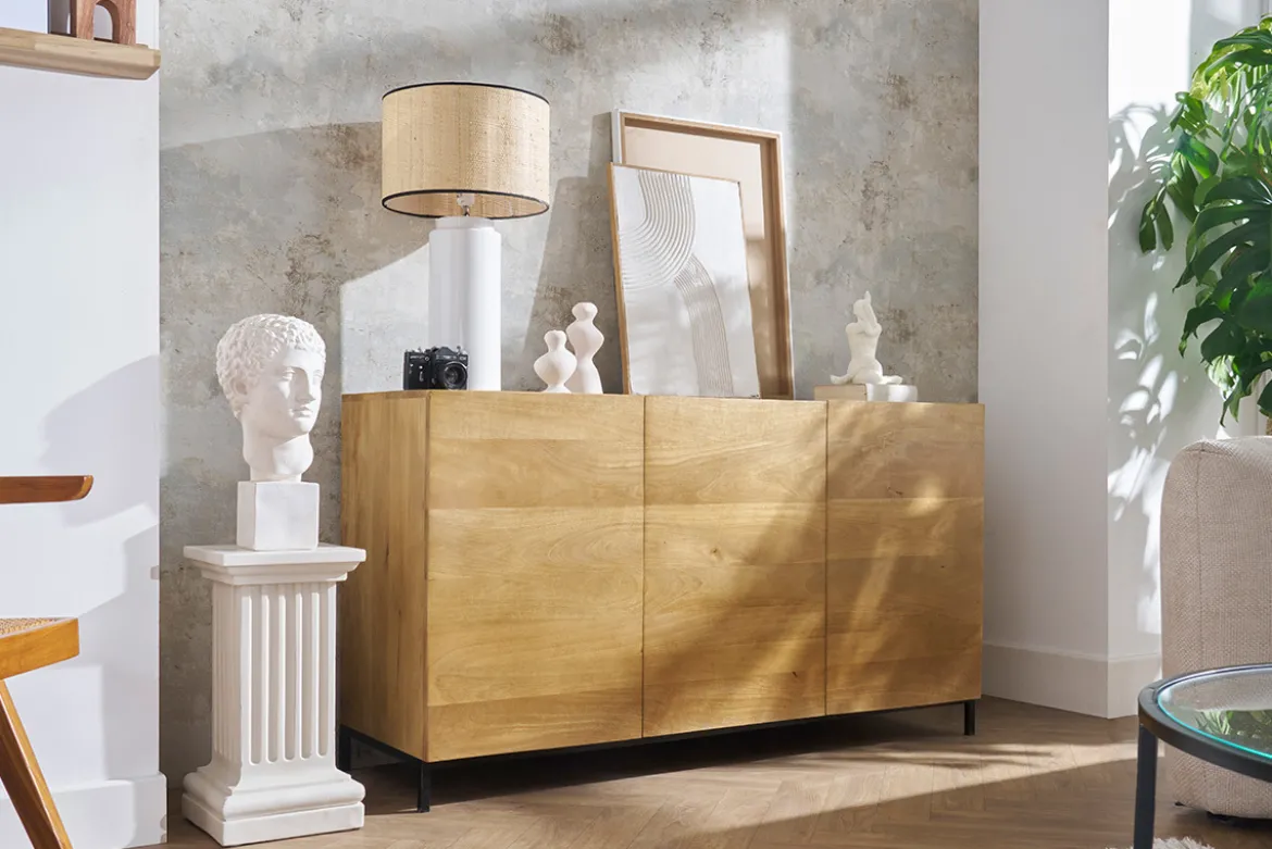 Buffet industriel en bois manguier massif et métal noir 3 portes L145 cm YPSTER