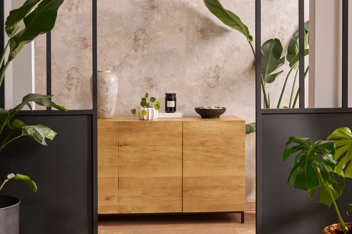 Buffet industriel en bois manguier massif et métal noir 3 portes L145 cm YPSTER