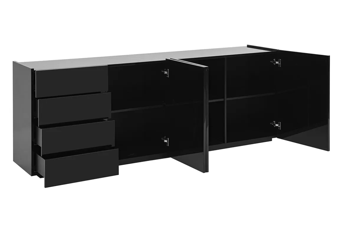 Buffet noir laqué brillant 3 portes 4 tiroirs L200 cm ISAURE