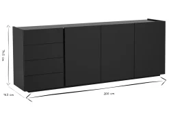 Buffet noir laqué brillant 3 portes 4 tiroirs L200 cm ISAURE