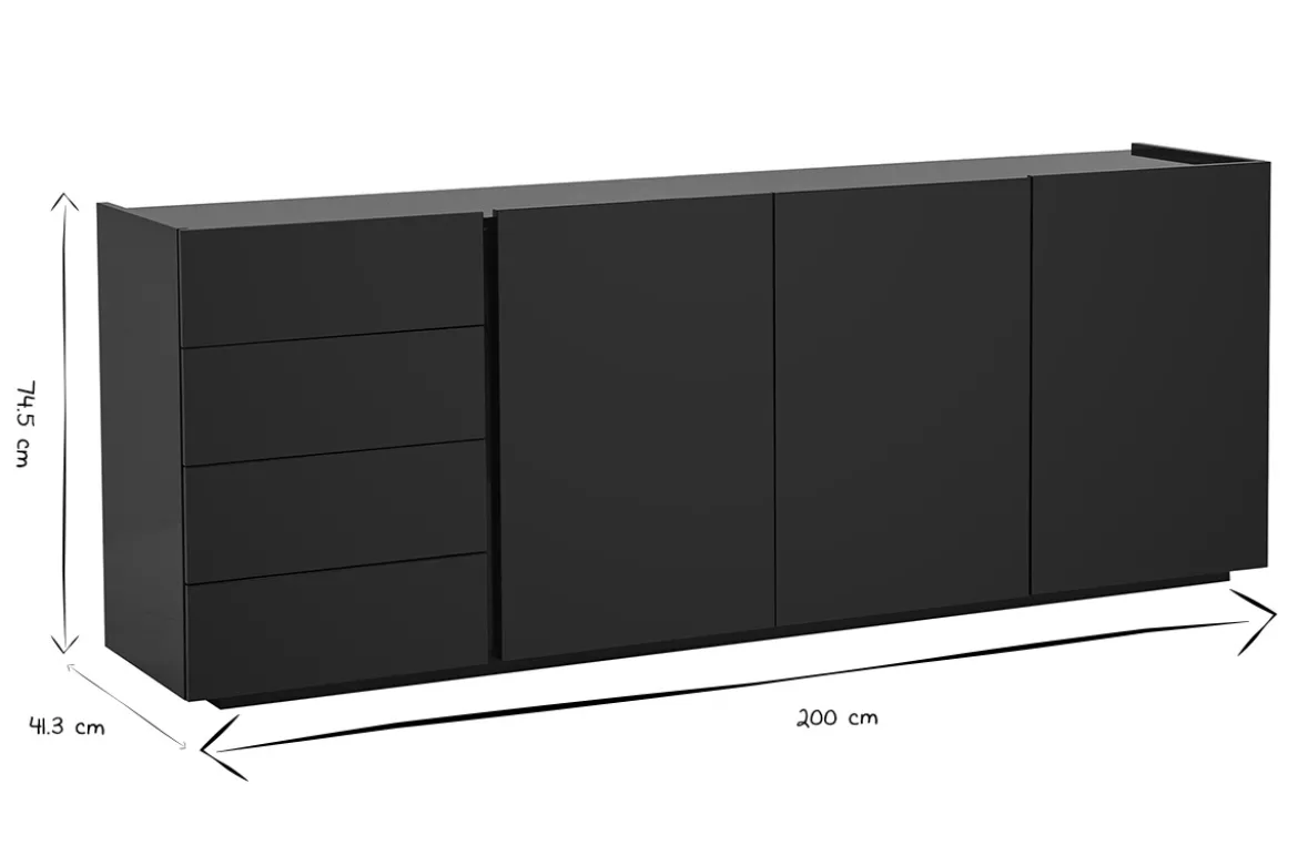 Buffet noir laqué brillant 3 portes 4 tiroirs L200 cm ISAURE