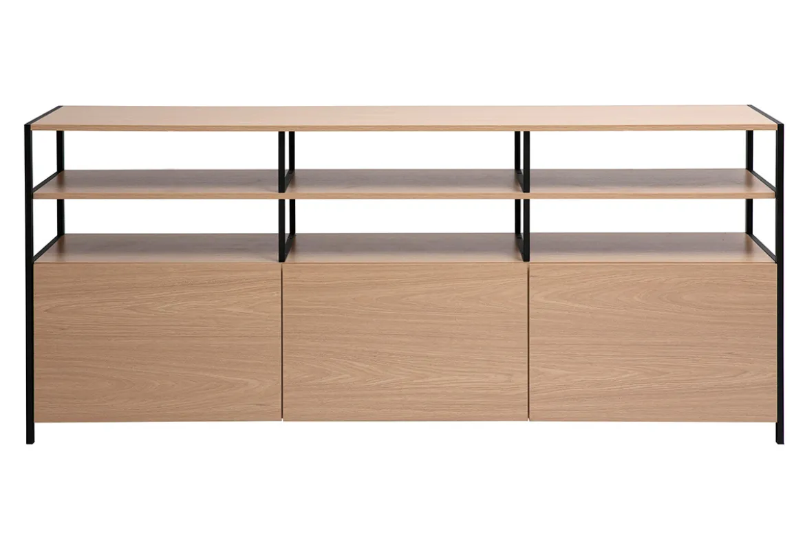 Buffet 3 portes finition bois clair chêne et métal noir L180 cm MAXENCE