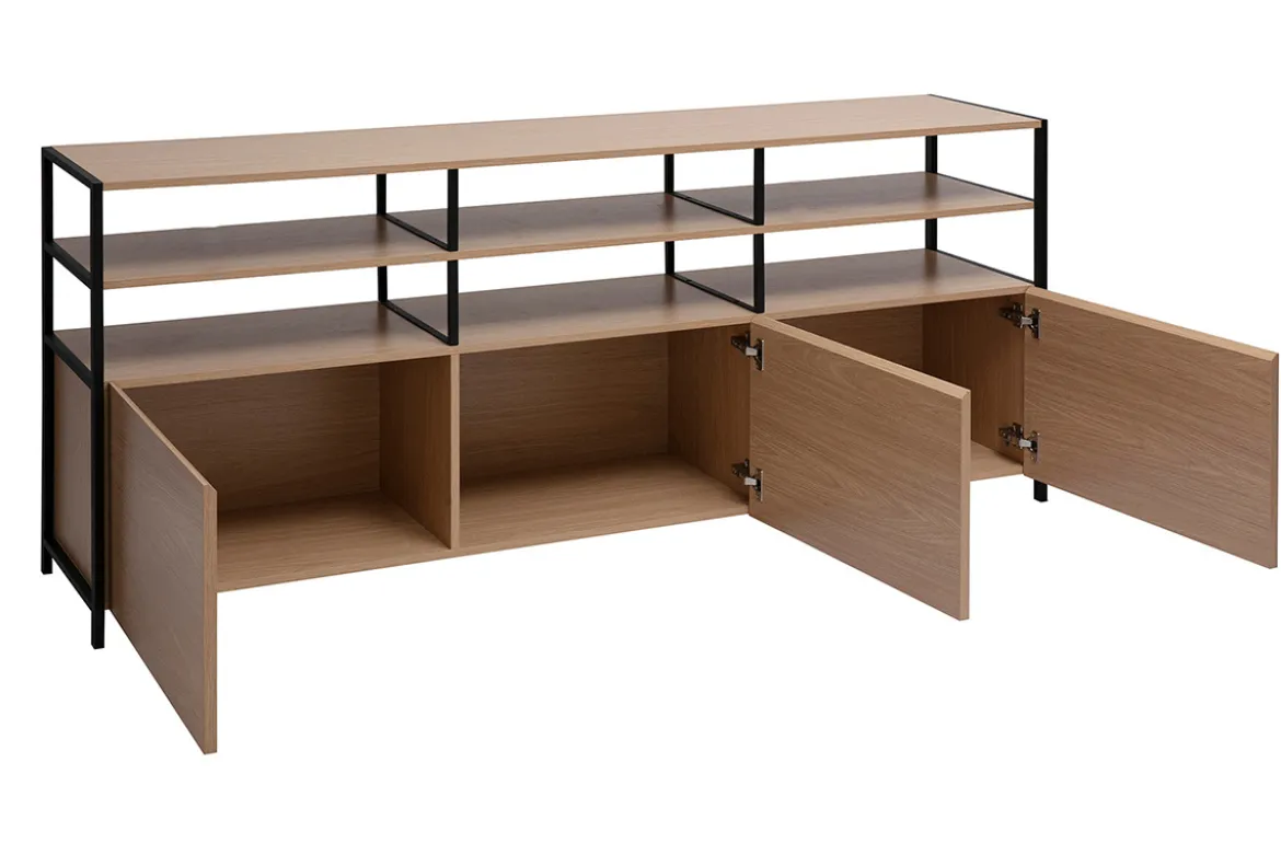 Buffet 3 portes finition bois clair chêne et métal noir L180 cm MAXENCE
