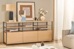 Buffet 3 portes finition bois clair chêne et métal noir L180 cm MAXENCE