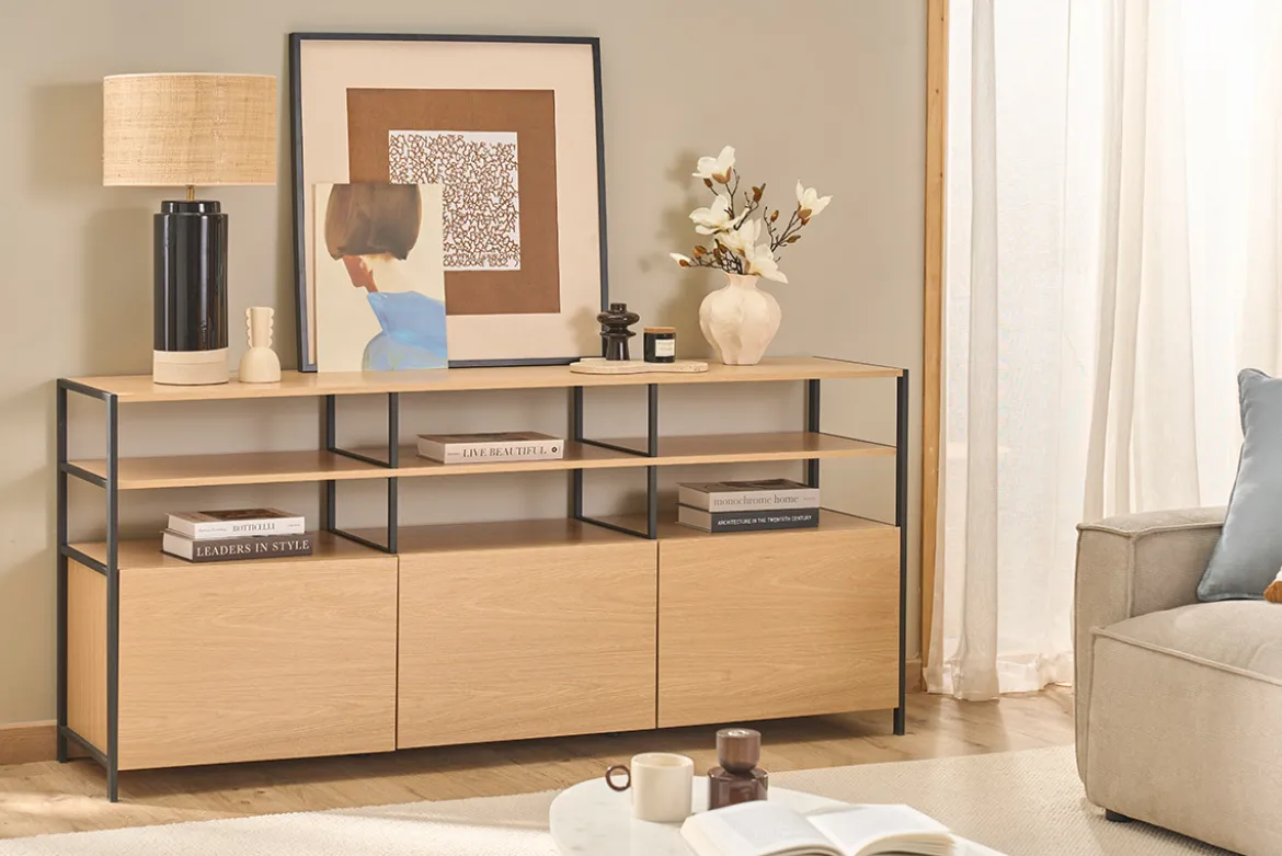 Buffet 3 portes finition bois clair chêne et métal noir L180 cm MAXENCE