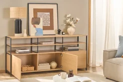 Buffet 3 portes finition bois clair chêne et métal noir L180 cm MAXENCE