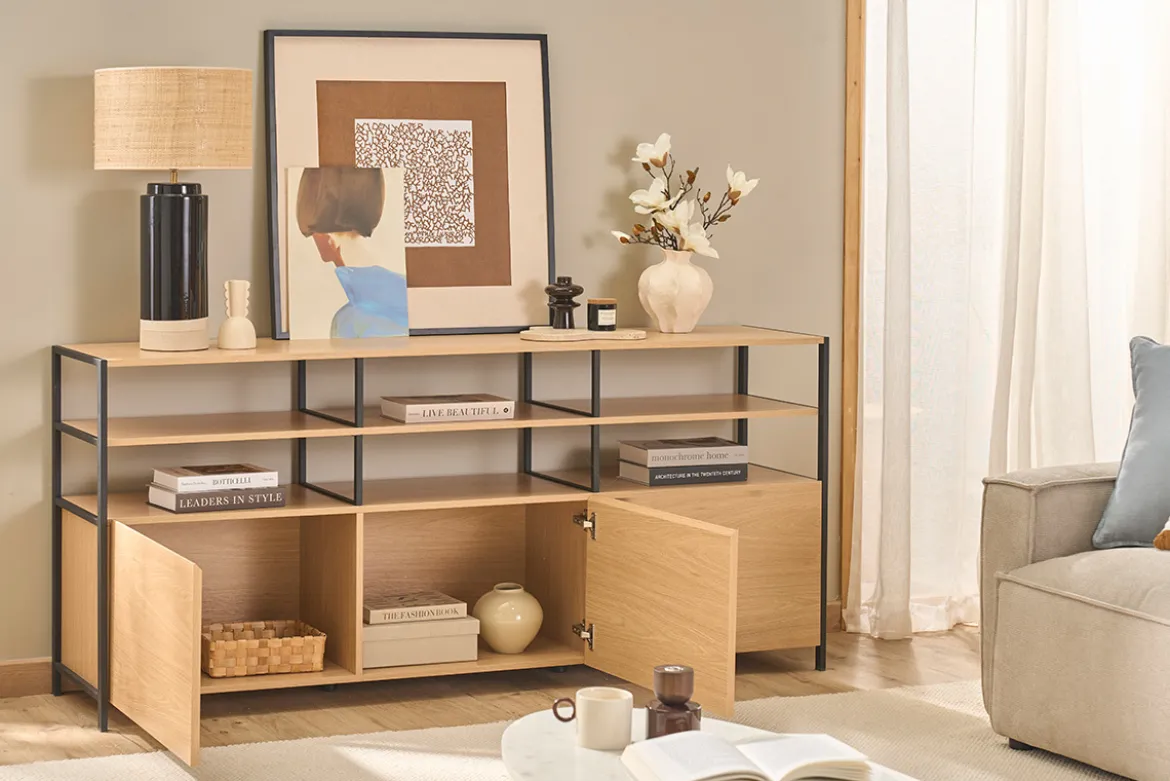 Buffet 3 portes finition bois clair chêne et métal noir L180 cm MAXENCE