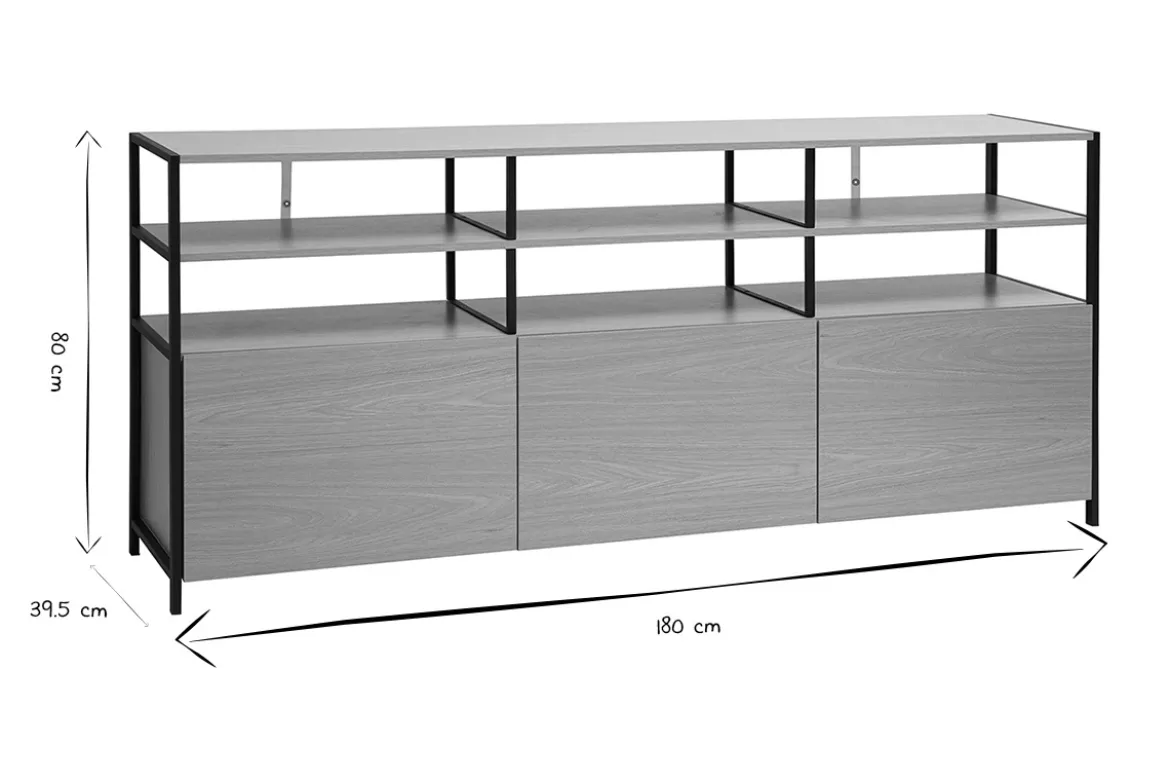 Buffet 3 portes finition bois clair chêne et métal noir L180 cm MAXENCE