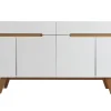 Buffet scandinave blanc laqué brillant et finition bois clair 4 portes 2 tiroirs L180 cm MELKA