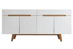 Buffet scandinave blanc laqué brillant et finition bois clair 4 portes 2 tiroirs L180 cm MELKA